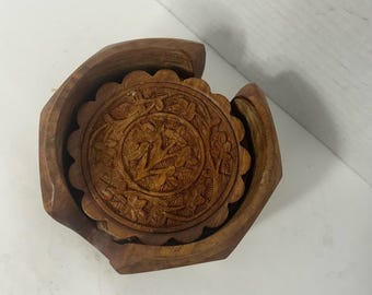 Vintage Wooden Drink Coasters Floral Pattern Hand Carved Round Set of 4 Boho