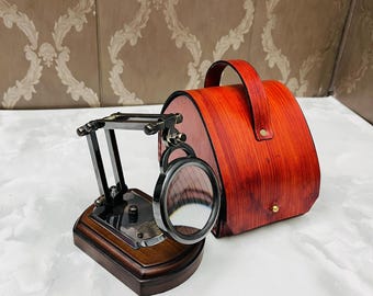 Brass Magnifying Glass with Wooden Lamp Type Stand Vintage Antique Magnifier Reading Lens