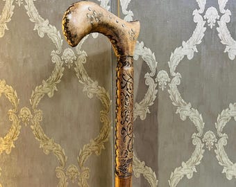 Engraved Leather Wooden Walking Stick - Rosewood Cane, 3-Fold