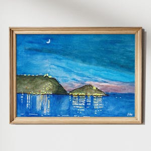 Dusk in San Sebastián Spain Watercolor Painting by Alex Hartman, Fine Art Print, Travel Wall Art, Spain Painting, Travel Art Poster