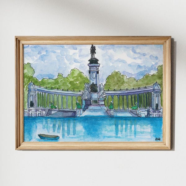 Retiro Park Pond Print: Madrid Spain Watercolor Fine Art