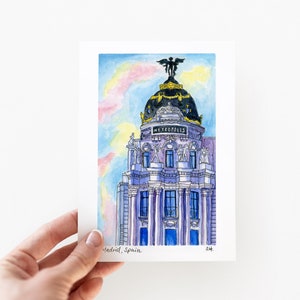 Madrid-wenskaart, Metropolis-gebouw, Gran Via, blanco binnenkant, van originele aquarel, Madrid handgemaakte souvenir