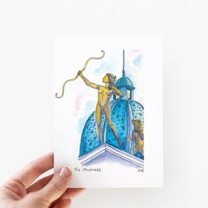 Wenskaart Diana The Huntress, Madrid, Gran Via, rooftop, blanco van binnen, van originele aquarel, Madrid handgemaakte souvenir