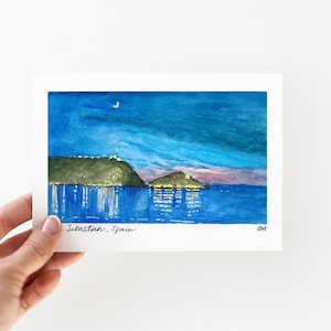 Carte de voeux de Saint-Sébastien, Playa de las Conchas, vierge à l'intérieur, aquarelle originale, souvenir fait main de Saint-Sébastien