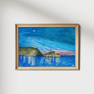 Atardecer en San Sebastián, España, pintura de acuarela de Alex Hartman, impresión de bellas artes, arte mural de viajes, pintura de España, póster de arte de viajes