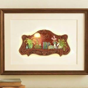 Lámina Art Print A4 Dibujo Lápices Colores Estantería Vintage Art Nouveau Libros Ilustración Decoración Rincón Lectura Dark Academia