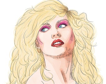 May include: A digital illustration of a woman with long blonde hair, wearing pink eyeshadow and blue eyeliner. She is looking up and to the right. The illustration is in a cartoon style and has a watercolor effect. The text "Debbie" is written below the illustration.