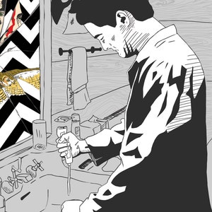 May include: A black and white illustration of a person in a bathroom, looking into a mirror. The mirror reflects a black and white pattern and a bird with a yellow beak. The person is holding a small object in their hand.