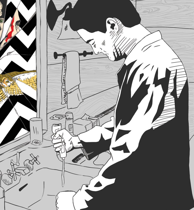 May include: A black and white illustration of a person in a bathroom, looking into a mirror. The mirror reflects a black and white pattern and a bird with a yellow beak. The person is holding a small object in their hand.
