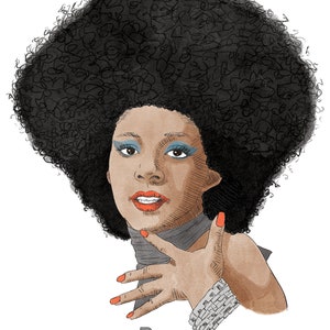 May include: A black and white illustration of a woman with an afro hairstyle. She is wearing a gray turtleneck and a silver bracelet. The text "Betty" is written below the image. The text "alex kittle 2022 // @panandscan // panandscan.etsy.com" is written below the text "Betty".