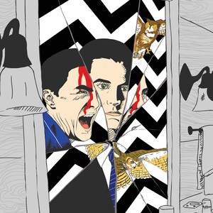 May include: A broken mirror with a black and white chevron pattern reflects a man's face with blood on his forehead. Two owls are also reflected in the mirror, one flying and one perched on a branch.