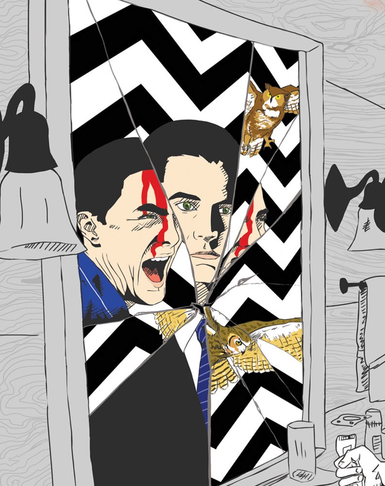 May include: A broken mirror with a black and white chevron pattern reflects a man's face with blood on his forehead. Two owls are also reflected in the mirror, one flying and one perched on a branch.