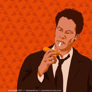 May include: A man in a dark suit and tie is holding a lighter and smoking a cigarette. He is standing in front of a wall with a repeating pattern of orange angel wings.