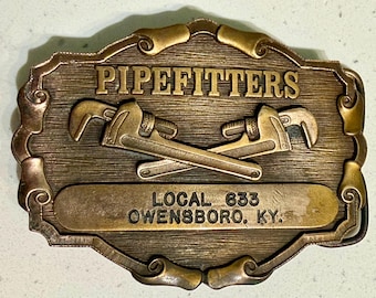 Vintage Pipefitters Local 633 Owensboro KY Belt Buckle Brass R&M Industries 1980s