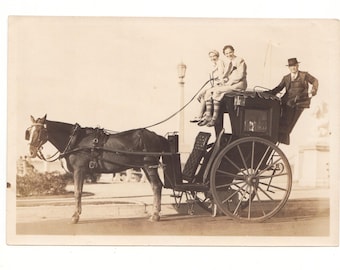1900s Estate Photo Horse Buggy Hansom Cab Man Driving 2 Passengers Early Town Scene