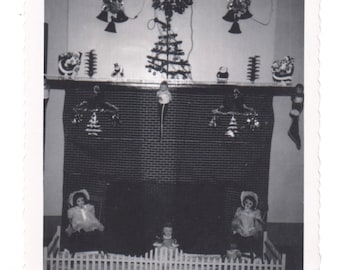 vintage Christmas Photo 1950s Decor Dolls Santa Wreath Bells Home Interior