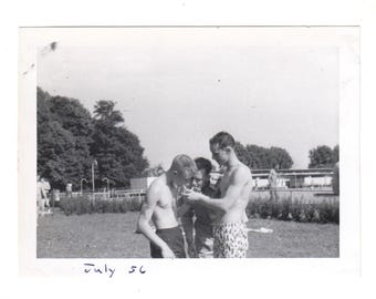 Vintage Photo Shirtless Men Huddle to Light Cigarette 1956 Military Album gay interest
