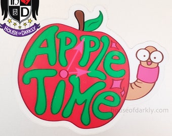 Apple Time fruit with surprised happy worm sticker