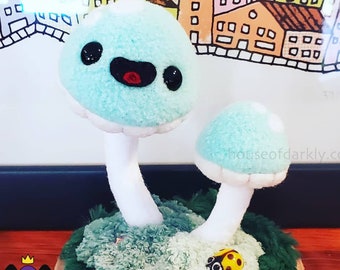 Plushroom cute plush mushroom diorama on wood base, with ladybug friend