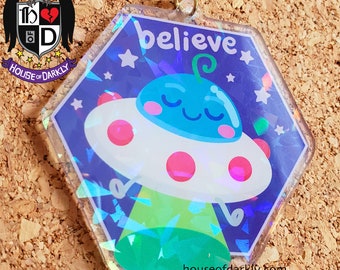 Believe cute UFO holographic acrylic keychain