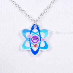 Adorable Atom translucent acrylic necklace on silver chain for science fans