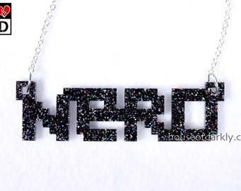 8bit NERD necklace in black rainbow glitter acrylic special edition