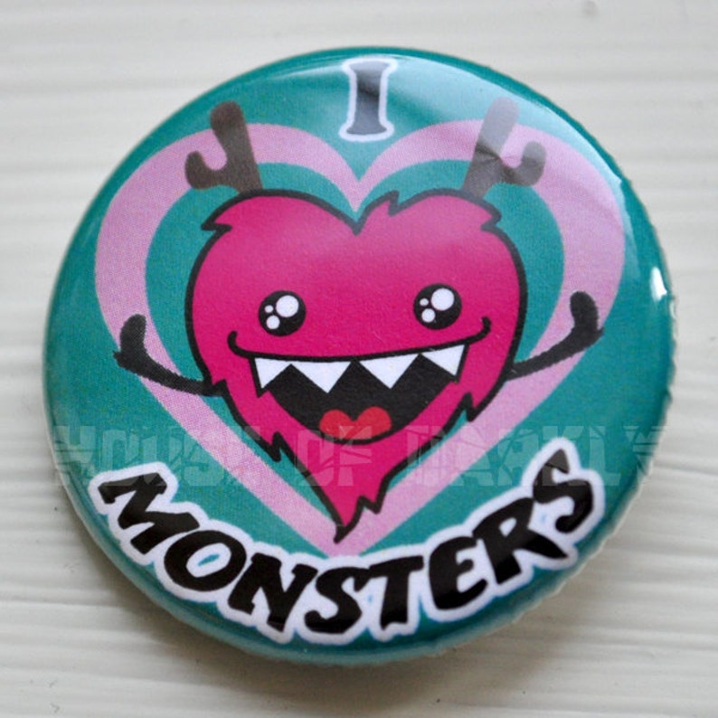 Button I Heart Monsters pinback badge for lovers of the weird image 1