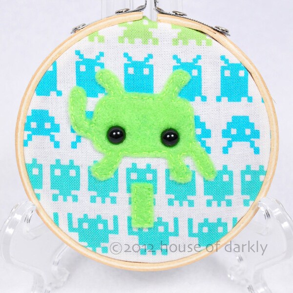 Space Invaders alien video game tiny fooplique applique handstitched wall art or ornament