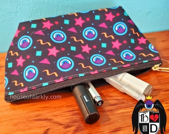 Black and neon retro eyes and abstract print zippered pouch with flat bottom