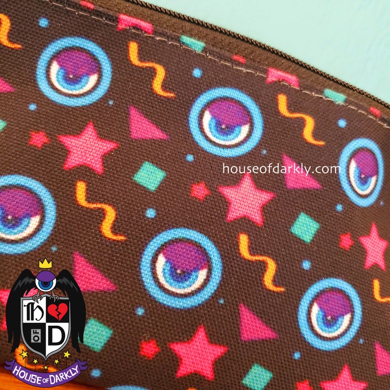 Black and neon retro eyes and abstract print zippered pouch with flat bottom