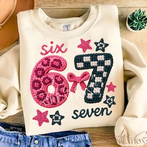 6 7 Patchwork SVG PNG, Six Seven födelsedagsvirkade nummer Clipart, sublimering för flicka, barn, t-shirt, mugg, tygväska, klistermärke, trendig DTF