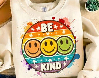 レトロな「Be Kind」スマイリーフェイス PNG、昇華デザイン（デジタルダウンロード）