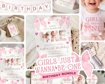 Girl's just Wanna be One Party Decoration Template Bundle, Watercolor Pink Bow First Birthday Decor, Coquette 1st Invitation Set GJWB1