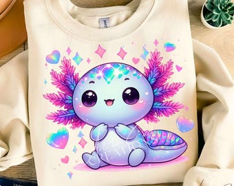 Kawaii Axolotl PNG | Clipart pour enfant de dessin animé mignon animal marin | Sublimation pour t-shirt, tasse, sac fourre-tout, autocollant, décoration de fête imprimable, DTF