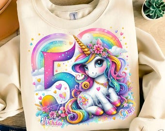 ユニコーン 5歳の誕生日の女の子 SVG PNG | 虹の水彩画クリップアート | Tシャツ、マグカップ、トートバッグ、招待状、パーティー印刷用 DTF 昇華転写