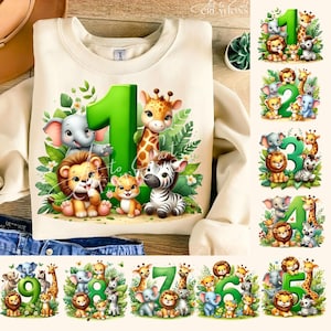 サファリ動物の誕生日数字PNGバンドル | 子供向けジャングルクリップアート | Tシャツ、マグカップ、バッグ、招待状、パーティー印刷用デコレーション、DTF用昇華転写 画像 1