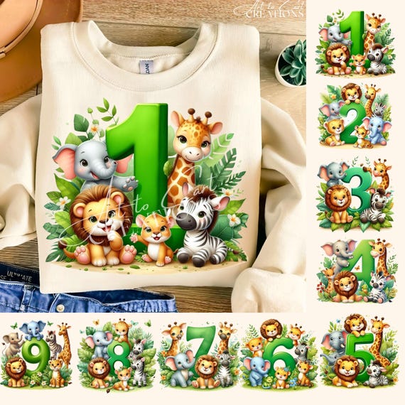 Safari Animals Birthday Numbers PNG Bundle | Kids Jungle Clipart| Sublimation For T-shirt, Mug, Bag, Invitation, Party Printable Decor, DTF