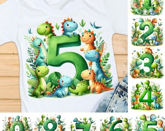 恐竜の誕生日数字PNGバンドル | 子供向け恐竜水彩クリップアート | Tシャツ、招待状、ステッカー、装飾、印刷可能なDTF用昇華転写