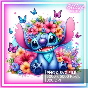 Stitch SVG Stitch PNG watercolor splash floral cartoon character clipart sublimation tshirt design sticker png shirt png best selling