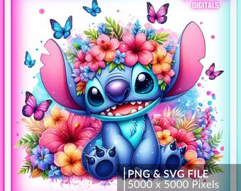 Stitch Watercolor SVG PNG | Floral Cartoon Character Clipart | Sublimation For T-shirt, Mug, Bag, Invitation, Sticker, Printable Decor, DTF