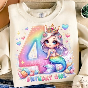 Mermaid 4th Birthday Girl SVG PNG | Under the Sea Watercolor Clipart| Sublimation For T-shirt, Mug, Bag, Invitation, Printable Decor, DTF