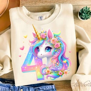 Unicorn 4th Birthday Girl SVG PNG | Rainbow Watercolor Clipart| Sublimation For T-shirt, Mug, Tote Bag, Invitation Card, Party Printable DTF