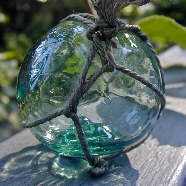 RESERVED for GLASSBALLS - Shooting Star, Vintage Glass Fishing Float, Multiple Mystery Markings on Seal, Netted Japanese Collectible