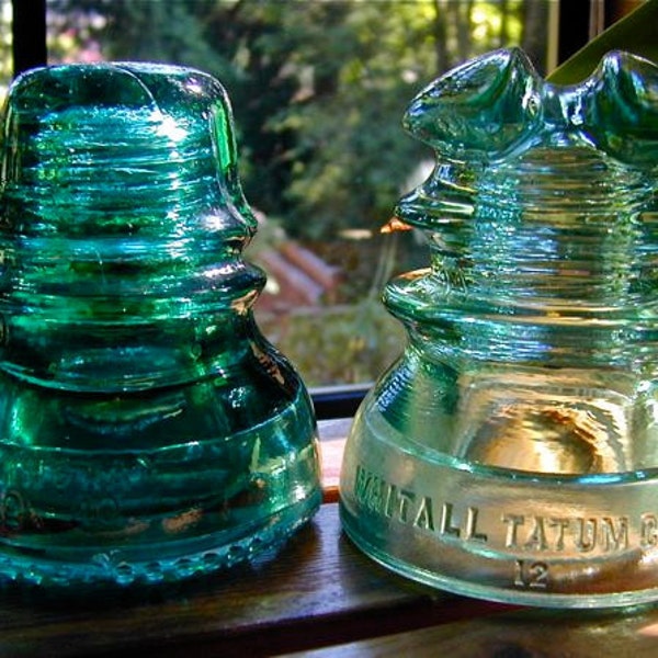 RESERVED for DECORABLES - Teal PAIR, 1950's Vintage Glass Insulators, Complementary Character, Dark Teal Loaded with Straw Marks