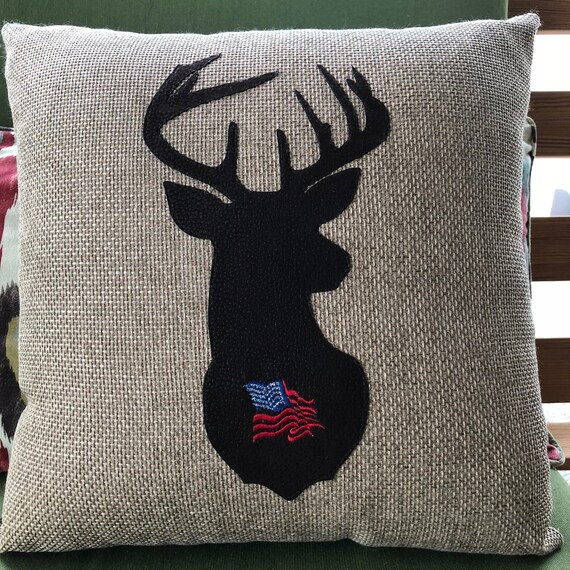 Deer Antler Pillow American Flag Embroidered Rustic Farmhouse Etsy