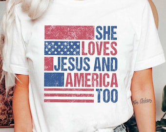 Maglietta "Lei ama Gesù e anche l'America", Maglietta per il 4 luglio, Maglietta per l'Indipendenza americana, Maglietta "Lei ama Gesù", Regali cristiani per il 4 luglio