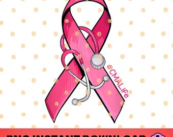 Puede incluir: Cinta rosa con un estetoscopio, símbolo de apoyo a los profesionales de la salud y de concienciación sobre el cáncer. La cinta tiene el texto "#CMALIFE" en ella.