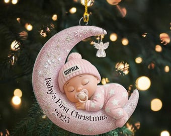 Baby’s First Christmas 2D Flat Ornament, Custom Moon Sleeping Acrylic Keepsake, Personalized Newborn Gift, Holiday Decoration,Baby Gift Idea