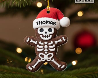 Personalized Skeleton Gingerbread Christmas Ornament, Custom Name Skeleton Ornament, Spooky Holiday, Funny Halloween Christmas Tree Decor