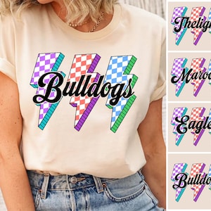 Custom Mascot Checkered Lightning Bolt Shirt, School Team Name Shirt, Game Day Shirt, Personalized Mascot Shirt, Matching Team Tee
